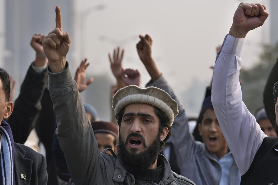 Members of Muslim Talba Mahaz Pakistan chant slogans at a demonstration to condemn Iran's strike in the Pakistani border area, in Islamabad, Pakistan, Thursday, Jan. 18, 2024. Pakistan's air force launched retaliatory airstrikes early Thursday on Iran allegedly targeting militant positions, a deadly attack that further raised tensions between the neighboring nations. (AP Photo/Anjum Naveed)