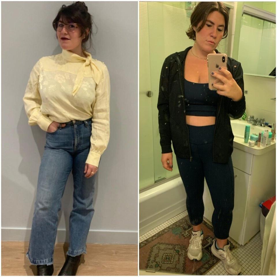 "I wore these Rag &amp; Bone jeans at least once a week when I was working in my office, typically with a vintage (or, in this case, vintage-looking) blouse tucked in. I now live in matching workout sets, but I have started doing my hair and makeup again to feel something."