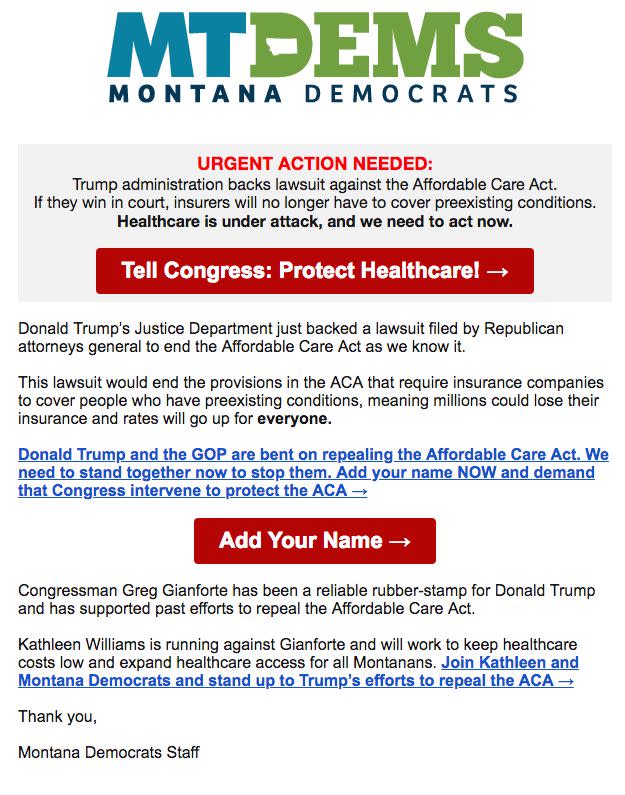 The Montana Democratic Party sent out a fundraising email on June 11 to capitalize on the Trump administration&rsquo;s announcement that the Justice Department would&nbsp;support 20 states&rsquo; lawsuit against the&nbsp;Affordable Care Act. (Photo: Montana Democrats)