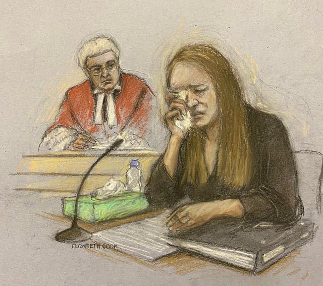 Court artist sketch of Lucy Letby giving evidence in the dock at Manchester Crown Court