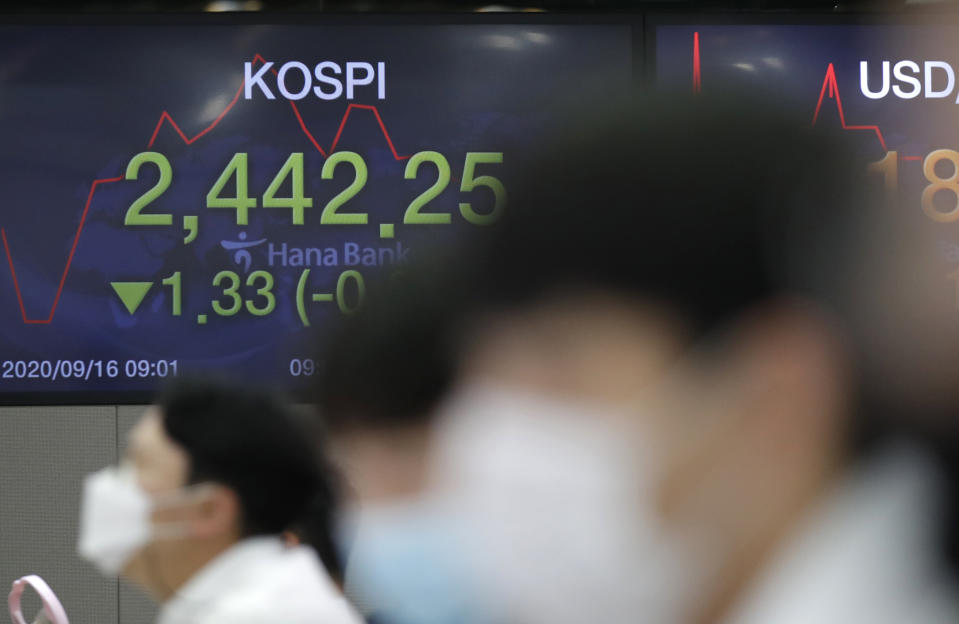 Currency traders watch computer monitors near screens showing the Korea Composite Stock Price Index (KOSPI), left, and the foreign exchange rate between U.S. dollar and South Korean won at the foreign exchange dealing room in Seoul, South Korea, Wednesday, Sept. 16, 2020. Shares were mostly higher in Asia on Wednesday after advances for big technology companies carried Wall Street to further gains overnight. (AP Photo/Lee Jin-man)