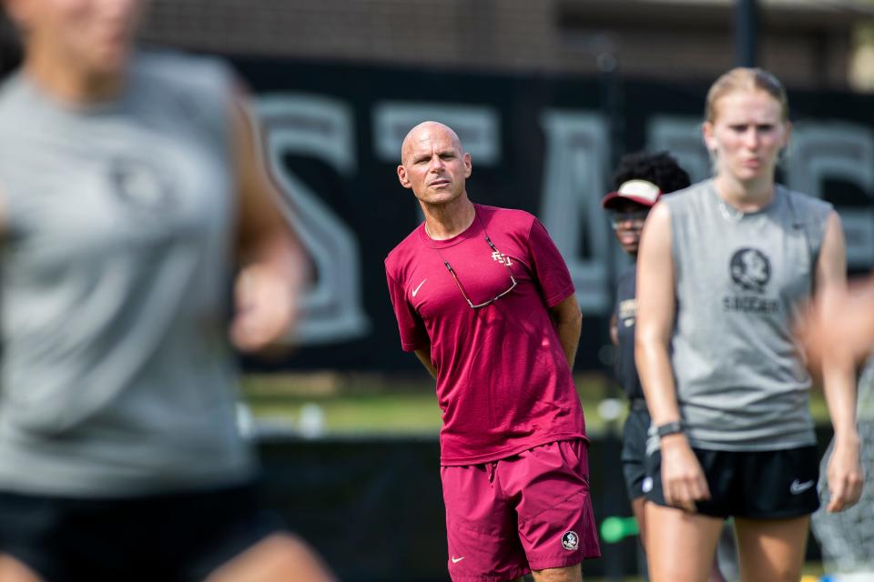 New FSU women's soccer coach Brian Pensky leads a practice on Friday, Aug. 12, 2022 in Tallahassee, Fla.