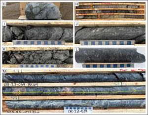 Core photos of structural zones from the Phase III summer drill program. G) sulphide-rich quartz veining proximal to significant shear zone in DR-22-036 hosting anomalous Co, Cu, and Mo. H) Graphitic shear with anomalous U, Mo, and Cu in DR-22-037. I&J) Strong graphitic cataclastic shear in DR-22-037. K) Graphitic clay-altered shear zone in DR-22-038 with5.87 ppm U. L) Anomalous B, Co, and Cu within a brittle reactivated graphitic shear zone. M) Brecciated graphitic high strain zone in DR-22-039.