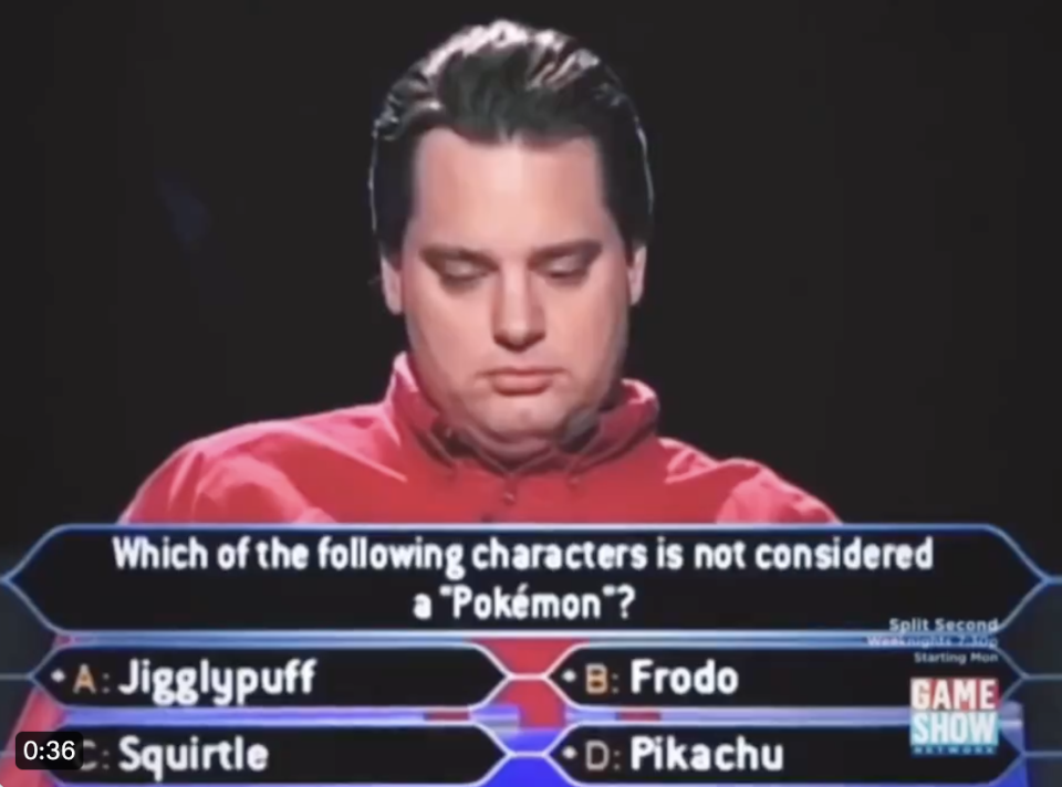 Man on game show considering multiple-choice question about which is the non-Pokémon character