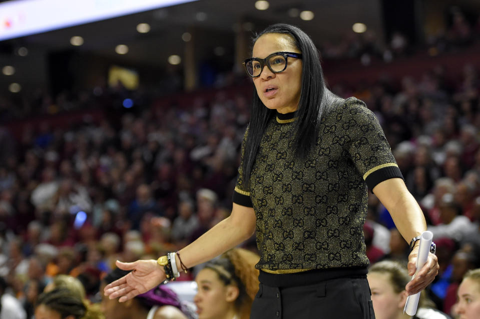 FILE - In this March 8, 2020, file photo, South Carolina head coach Dawn Staley reacts during a championship match against Mississippi State at the Southeastern Conference women's NCAA college basketball tournament in Greenville, S.C. South Carolina is ranked No. 1 in the women's NCAA college basketball poll released Tuesday, Nov. 10, 2020. (AP Photo/Richard Shiro, File)