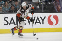 Anaheim Ducks left wing Rickard Rakell (67) passes the puck against the San Jose Sharks during the first period of an NHL hockey game in San Jose, Calif., Monday, Jan. 27, 2020. (AP Photo/Jeff Chiu)