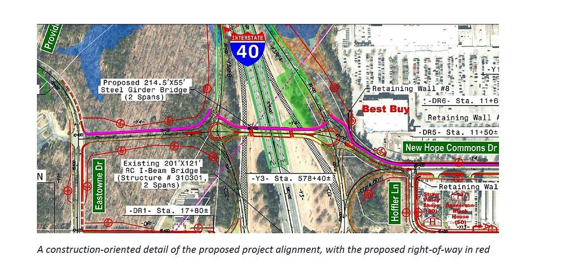 A more detailed plan shows how the new road would connect to existing roads and new east and westbound ramps to Interstate 40.