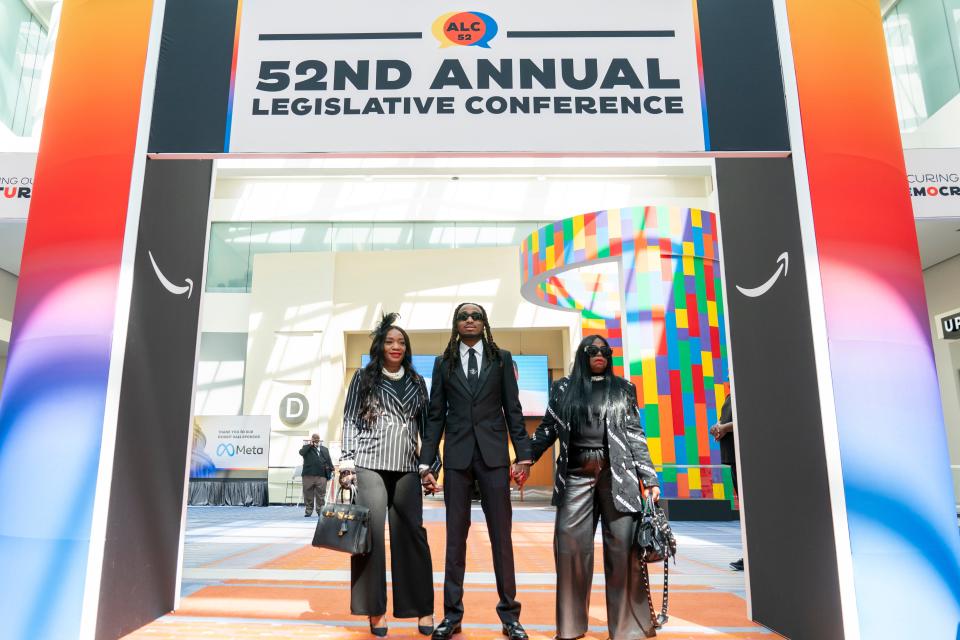 Quavo, center, poses for a portrait with his mother, Edna Maddox, right, and Titania Davenport, mother of late Migos member Takeoff, left, at the Annual Legislative Conference hosted by the Congressional Black Caucus Foundation on Sept. 20, 2023, in Washington.