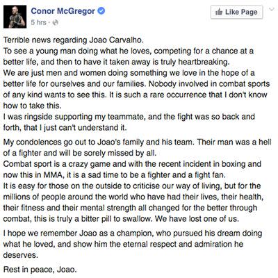 McGregor was ringside for the bout. Source: Facebook