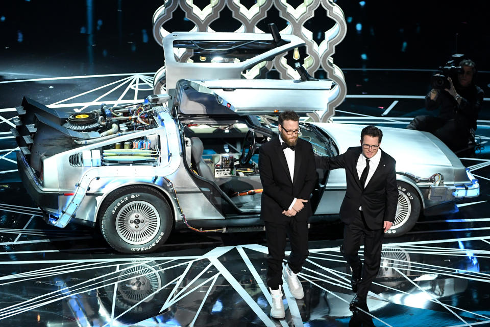 "Im at the Oscars with Michael J. Fox and a DeLorean, while wearing future shoes. All I have to do is sing the Schuyler Sisters song from Hamilton in front of the world and I will have completed my entire bucket list."— Seth Rogen, presenting the award for Achievement in Film Editing alongside Michael J. Fox