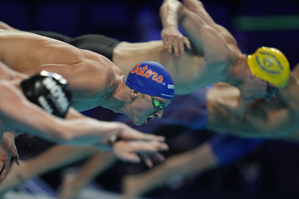 Kieran Smith participates in the Men's 200 Freestyle during wave 2 of the U.S. Olympic Swim Trials on Tuesday, June 15, 2021, in Omaha, Neb. (AP Photo/Jeff Roberson)