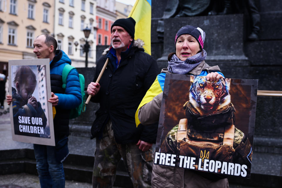 Ukrainian citizens and supporters at a demonstration in Krakow, Poland, on Wednesday