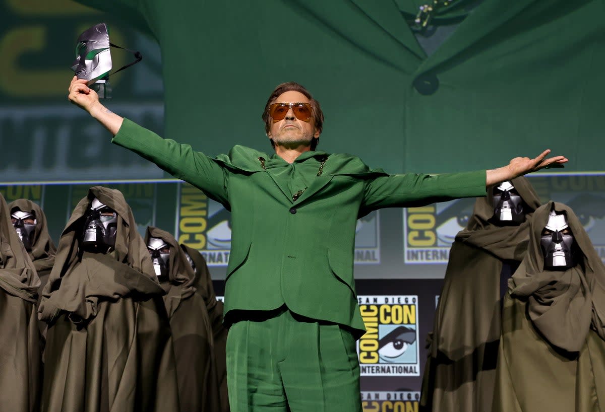 Robert Downey Jr speaks onstage during the Marvel Studios Panel in Hall H at SDCC in San Diego, California on July 27, 2024 (Getty Images for Disney)