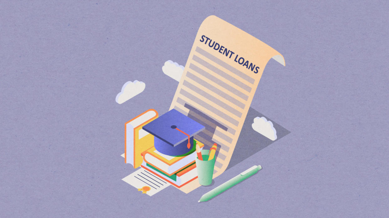 Student loan document surrounded by items like textbooks, pens, pencils and a graduation cap