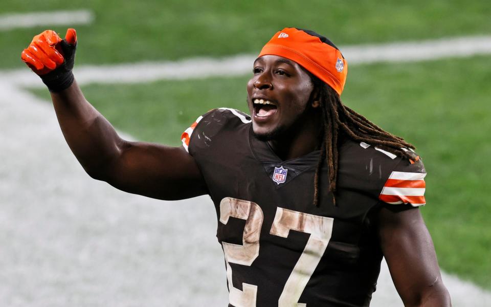 Cleveland Browns running back Kareem Hunt celebrates after the Browns defeated the Indianapolis Colts 32-23 during an NFL football game, Sunday, Oct. 11, 2020, in Cleveland. - AP