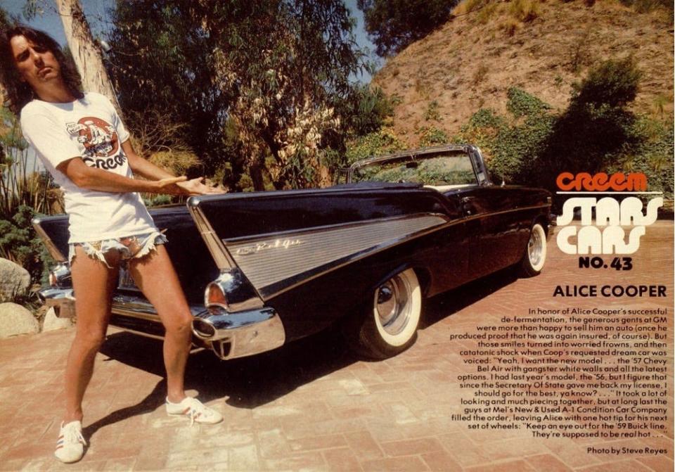 Rocker Alice Cooper shows off his '57 Chevy in a 1978 "Stars Cars" feature in Creem magazine.