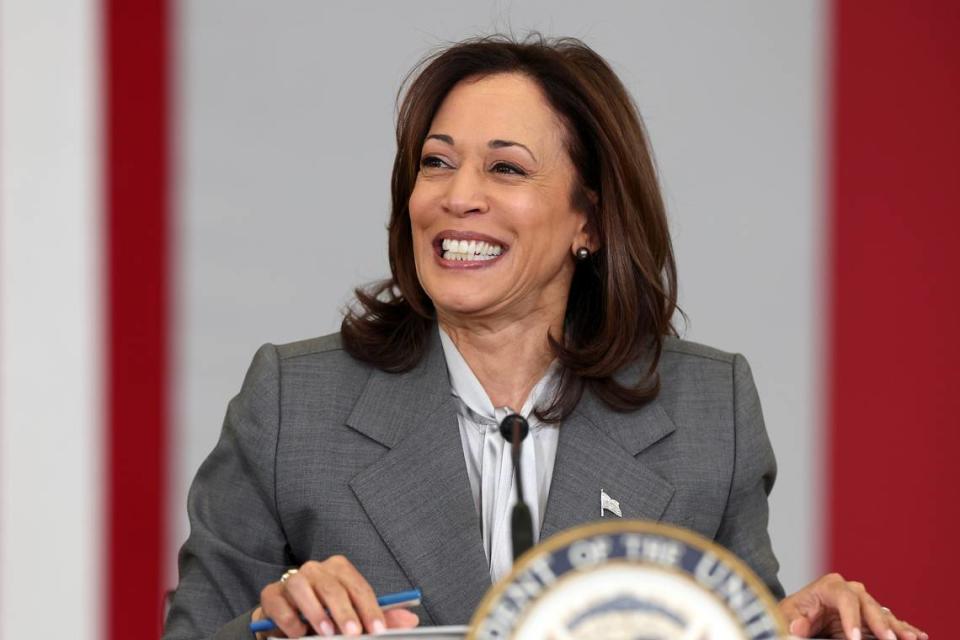 Vice President Kamala Harris, center, speaks at a school in Charlotte, North Carolina in January. JEFF SINER/jsiner@charlotteobserver.com