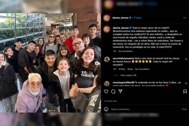 Entre familia y amigos, el hijo de Denise Dumas se despidió de la Argentina (Foto Instagram @denise_dumas)