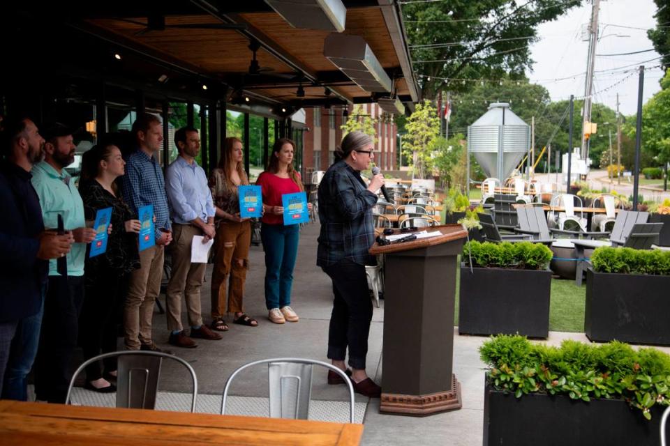 Restauranteur Ashley Christensen speaks Monday, May 15, 2023 during a press conference organized by Triangle business leaders who urged the the General Assembly to abandon its push for an abortion restriction bill.