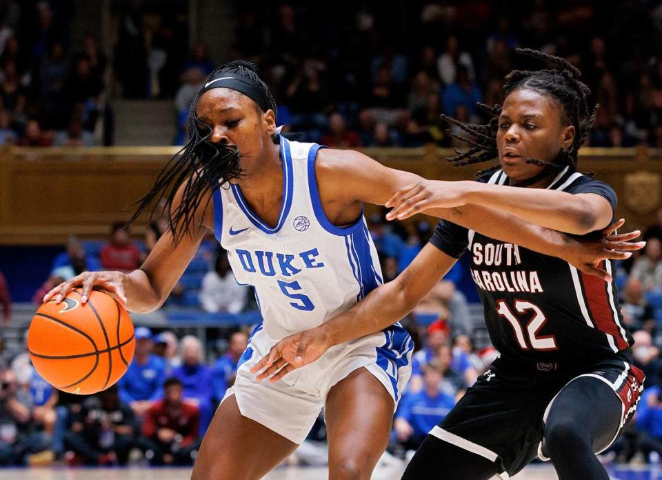 Duke’s Oluchi Okananwa drives against South Carolina’s MiLaysia Fulwiley during the first half of the Blue Devils’ game on Sunday, Dec. 3, 2023, at Cameron Indoor Stadium in Durham, N.C.