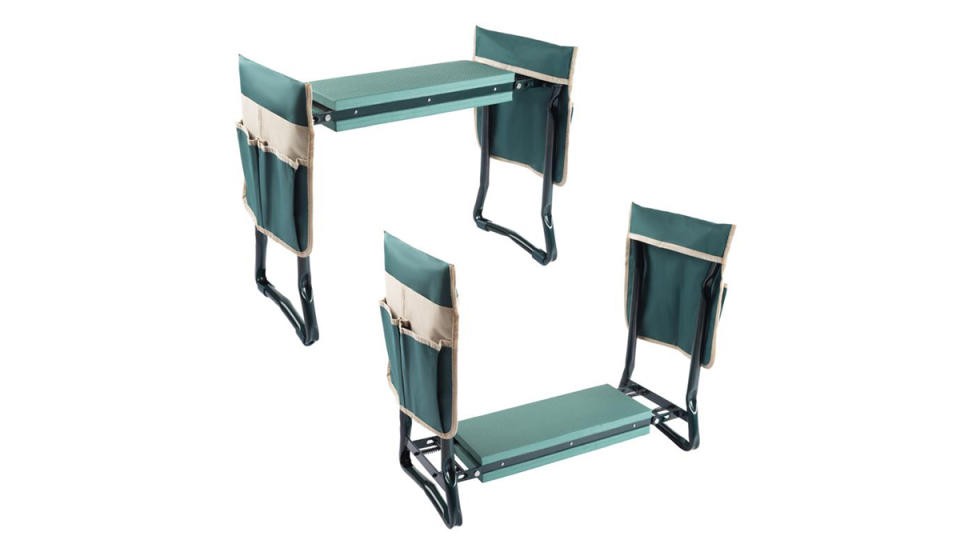 Bench shown as a seat or a kneeling pad with additional storage pouches on the sides.