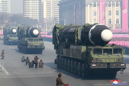 Intercontinental ballistic missiles are seen at a grand military parade celebrating the 70th founding anniversary of the Korean People's Army at the Kim Il Sung Square in Pyongyang, in this photo released by North Korea's Korean Central News Agency (KCNA) February 9, 2018. KCNA/via REUTERS