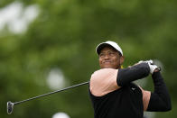 Tiger Woods watches his tee shot on the 17th hole during the third round of the PGA Championship golf tournament at Southern Hills Country Club, Saturday, May 21, 2022, in Tulsa, Okla. (AP Photo/Eric Gay)