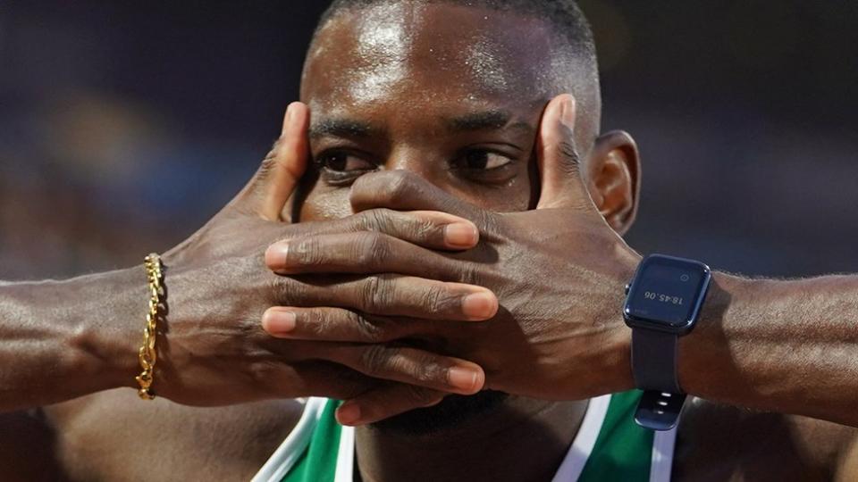 Emmanuel Eseme of Cameroon celebrates after winning the men's 100 meters at the Prince Moulay Abdellah Sports Complex, Rabat, Morocco - May 19, 2024