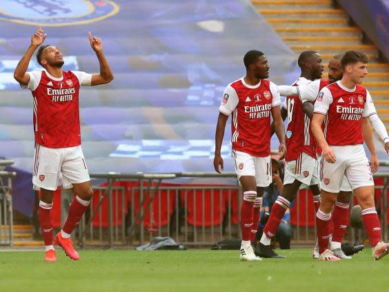 Pierre-Emerick Aubameyang of Arsenal celebrates scoring at Wembley (Getty Images)