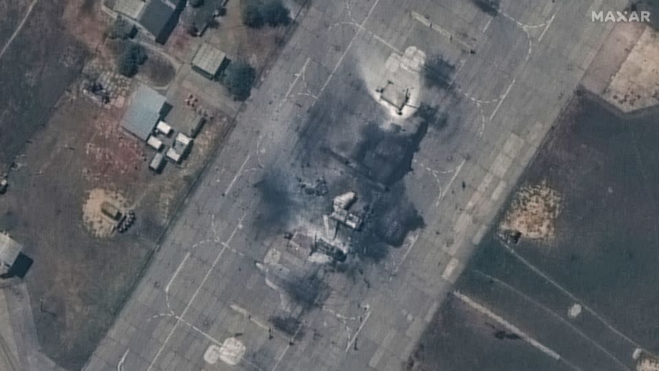 Satellite images exclusive to CNN show destroyed jets and building at Belbek Airbase in Crimea on May 15, 2024. - Satellite image ©2024 Maxar Technologies