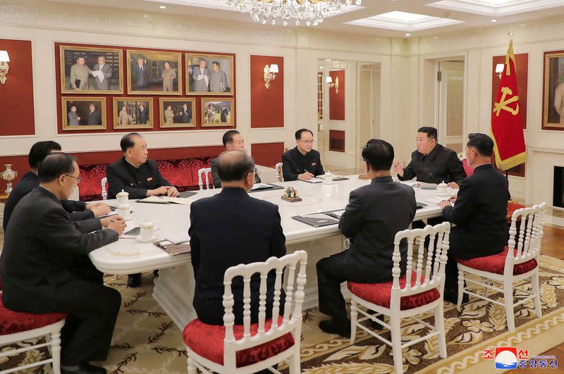 North Korean leader Kim Jong Un presides over a politburo meeting of the ruling Workers' Party