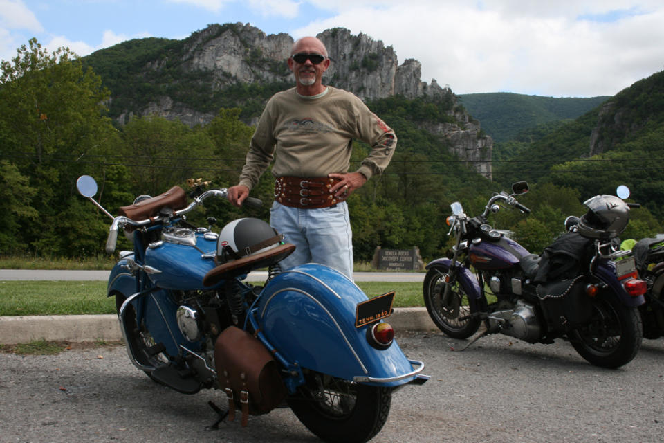 A great looking 1940 Indian Scout with Seneca Rocks looming in the background.