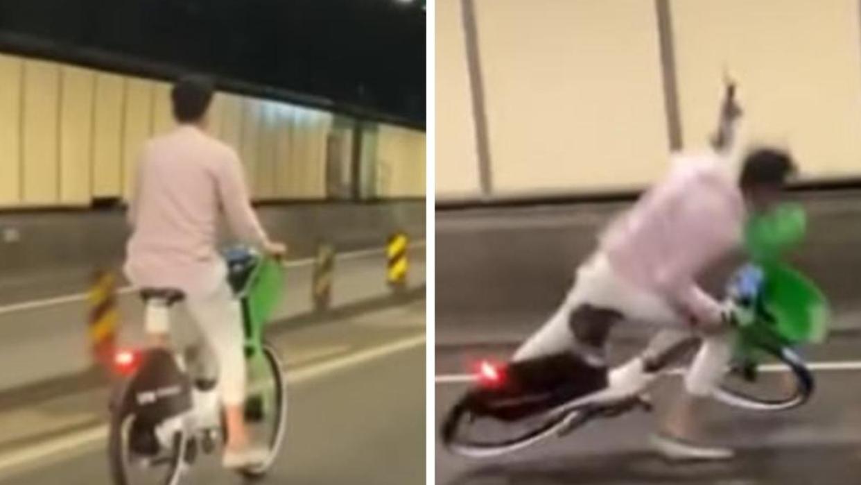 A man has been filmed crashing his rented e-bike in Sydney’s cross-city tunnel. Picture: TikTok