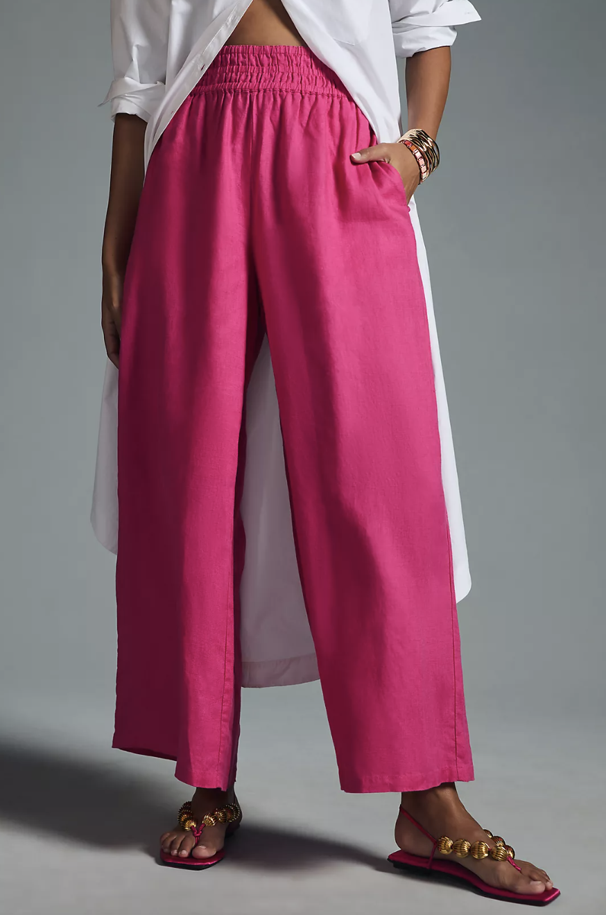 model in sandals, white blouse and The Somerset Pull-On Pants in pink (photo via Anthropologie)