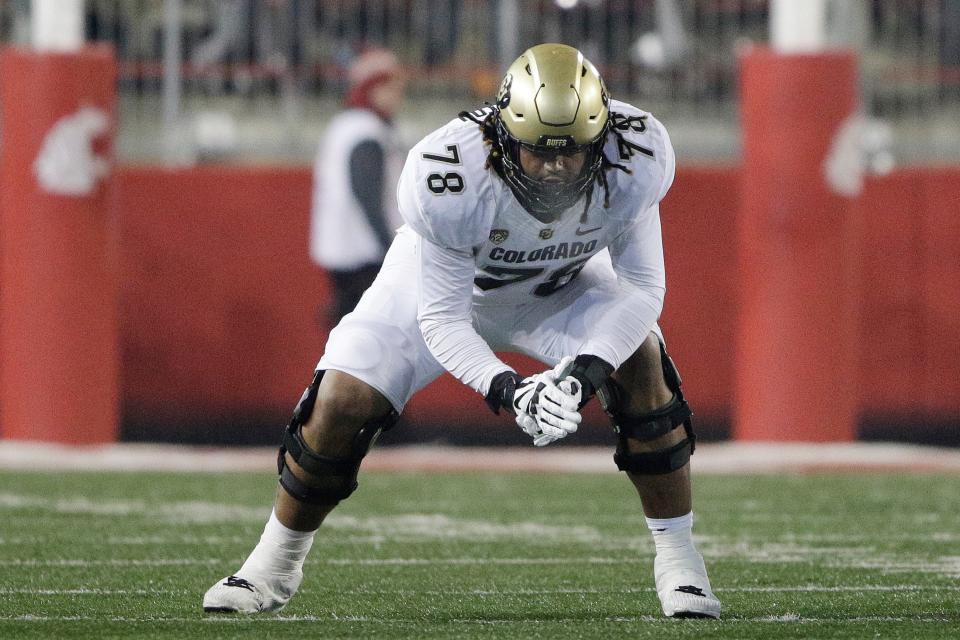 Colorado offensive tackle Savion Washington lines up for a play during the second half of an NCAA college football game against Washington State, Friday, Nov. 17, 2023, in Pullman, Wash. (AP Photo/Young Kwak)