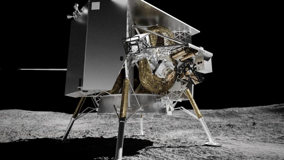 This illustration provided by Astrobotic Technology in 2024 depicts the Peregrine lunar lander on the surface of the moon. Its expected launch date is Monday, Jan. 8, 2024. (Astrobotic Technology via AP)