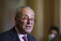 Senate Majority Leader Chuck Schumer, D-N.Y., speaks to reporters after a Democratic policy meeting at the Capitol in Washington, Tuesday, Sept. 28, 2021, as work continues behind the scenes on President Joe Biden's domestic agenda and a bill to fund the the government. (AP Photo/J. Scott Applewhite)