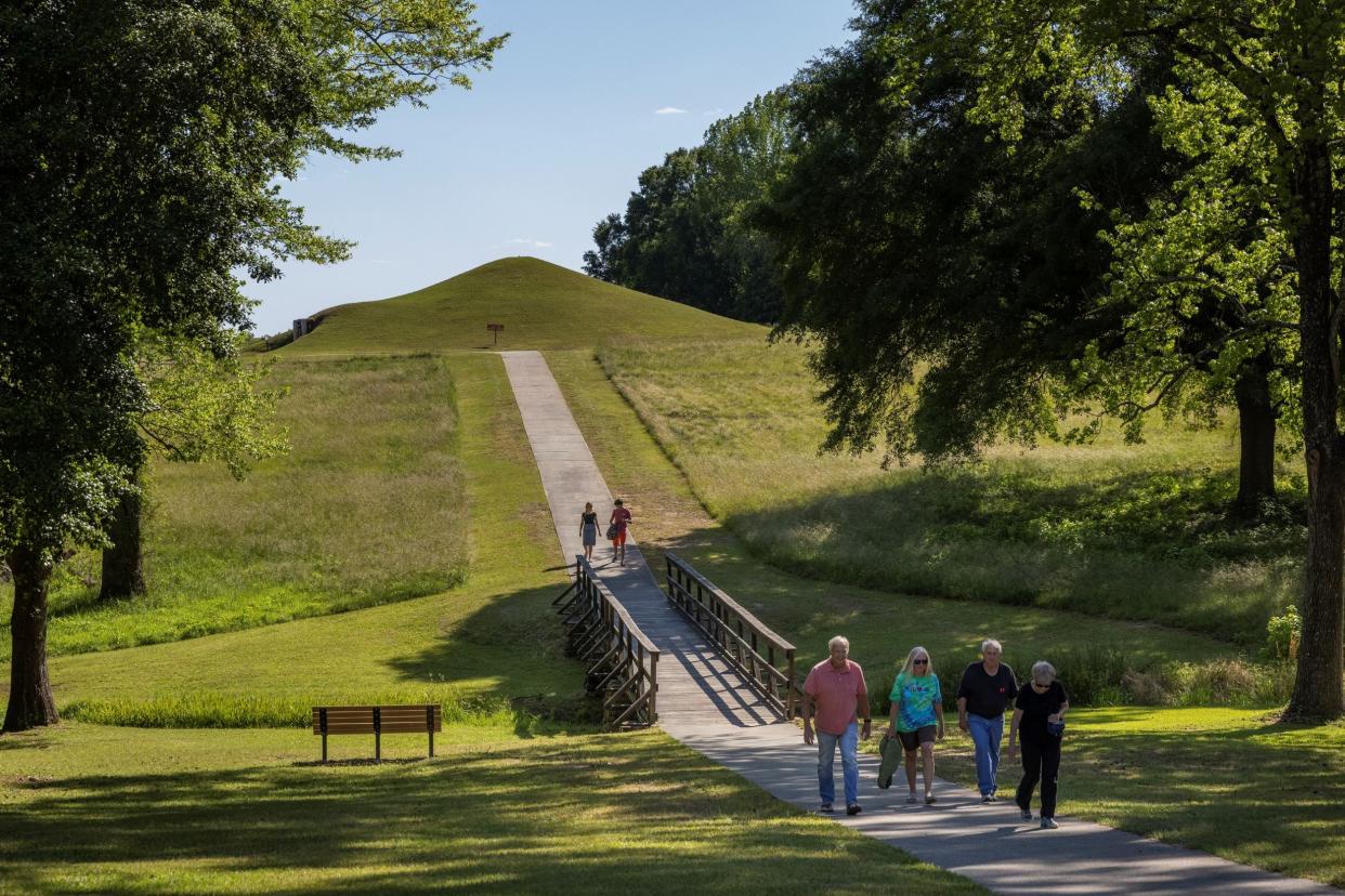 FILE - Guests enjoy a day walking through the Ocmulgee Mounds National Historical Park in Macon, Ga. Multiple Georgia leaders are looking to have the site redesigned as the first National Park in the state.