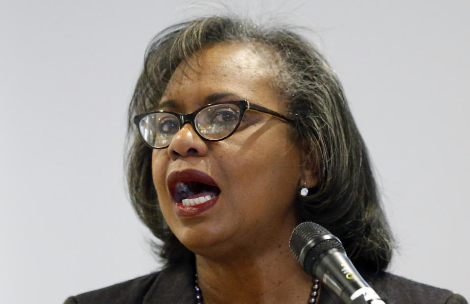 Anita Hill speaks at the University of Utah Wednesday, Sept. 26, 2018, in Salt Lake City. Hill has been back in the spotlight since Christine Blasey Ford accused Supreme Court nominee Brett Kavanaugh of sexually assaulting her when the two were in high school. Hill's 1991 testimony against Clarence Thomas riveted the nation. Thomas was confirmed anyway, but the hearing ushered in a new awareness of sexual harassment. (AP Photo/Rick Bowmer)