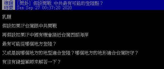 網友好奇解放軍若要開戰，最可能從台灣何處登陸。（圖／翻攝自PTT）