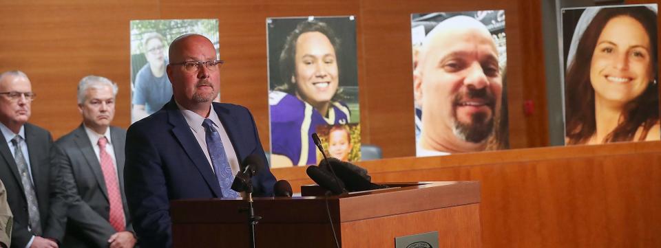 Kitsap County Sheriff's Detective Lt. Chad Birkenfeld takes a question from the media during a press conference on Tuesday in Port Orchard on the arrests of three men in connection with the killings of the Careaga family on Jan. 27, 2017.