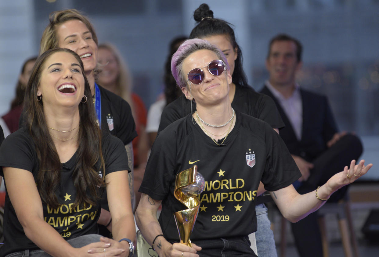 GOOD MORNING AMERICA - 7/9/19 The United States Women's National Soccer Team celebrate their victory on "Good Morning America," Tuesday, July 9, 2019 on the Walt Disney Television Network.   GMA19(Photo by Paula Lobo/Walt Disney Television via Getty Images) ALEX MORGAN, MEGAN RAPINOE