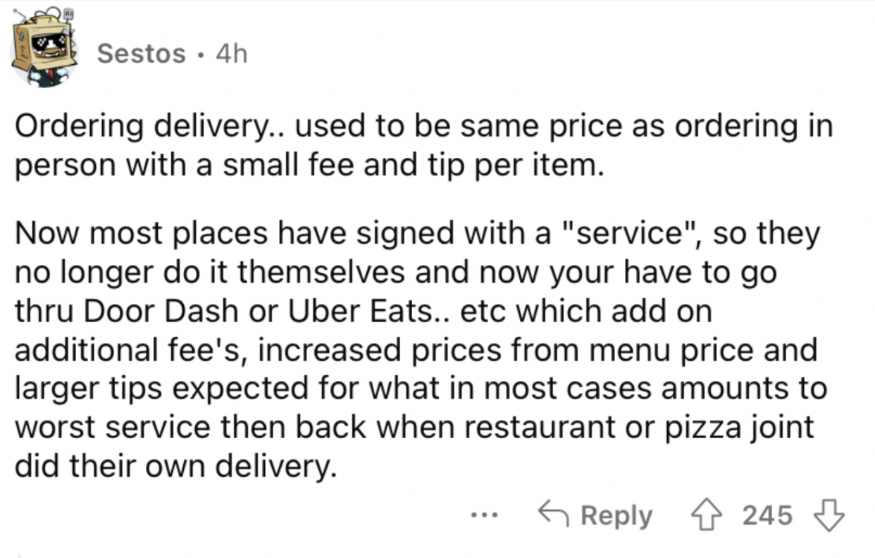 Reddit screenshot about how food delivery is crazy expensive nowadays.