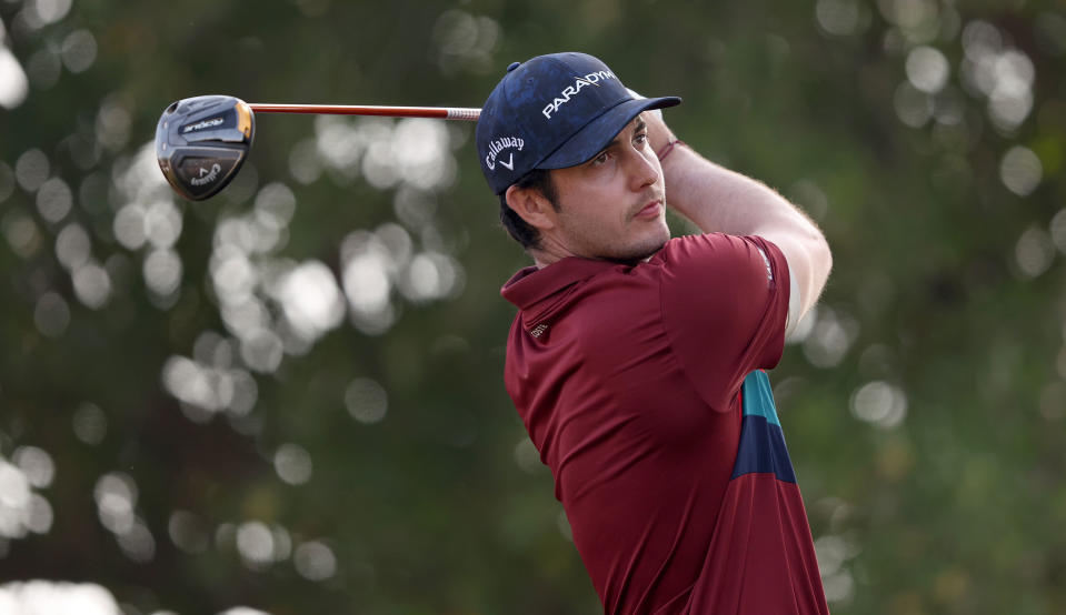   Julien Brun strikes a driver off the tee and watches his tee shot 