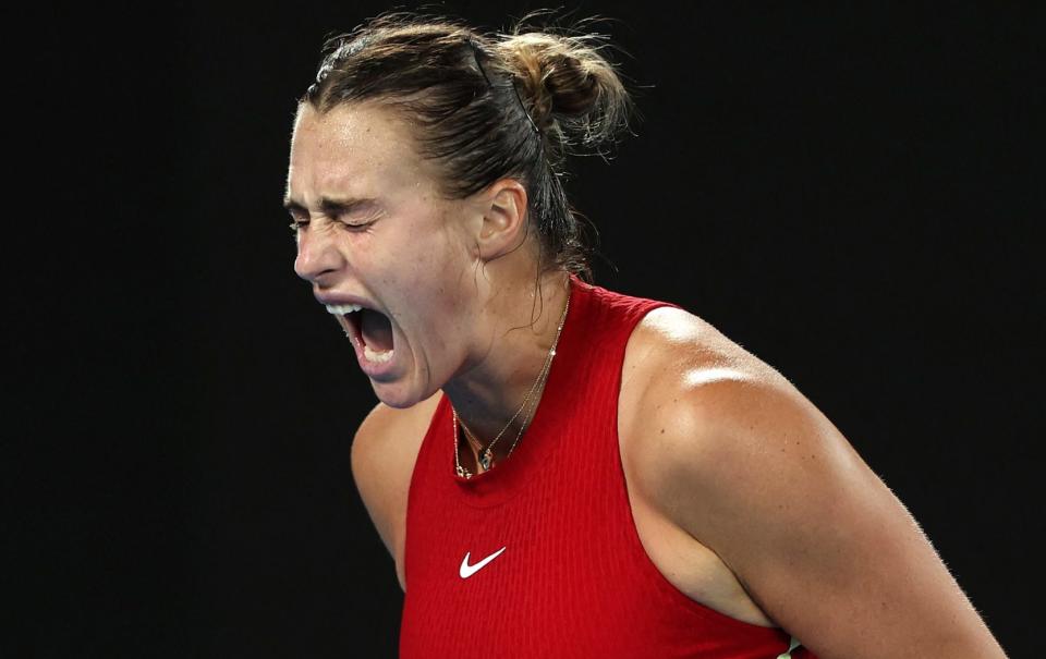 Aryna Sabalenka celebrates her victory over Coco Gauff