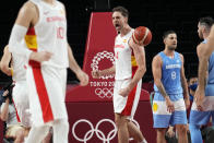 Spain's Pau Gasol (4) celebrates after making a basket during a men's basketball preliminary round game against Argentina at the 2020 Summer Olympics, Thursday, July 29, 2021, in Saitama, Japan. (AP Photo/Eric Gay)