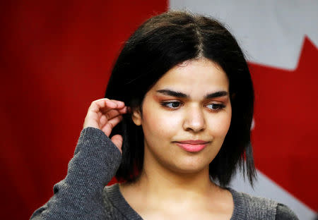 Rahaf Mohammed al-Qunun, an 18-year-old Saudi woman who fled her family, looks on after she speaks at the COSTI Corvetti Education Centre in Toronto, Ontario, Canada January 15, 2019. REUTERS/Mark Blinch