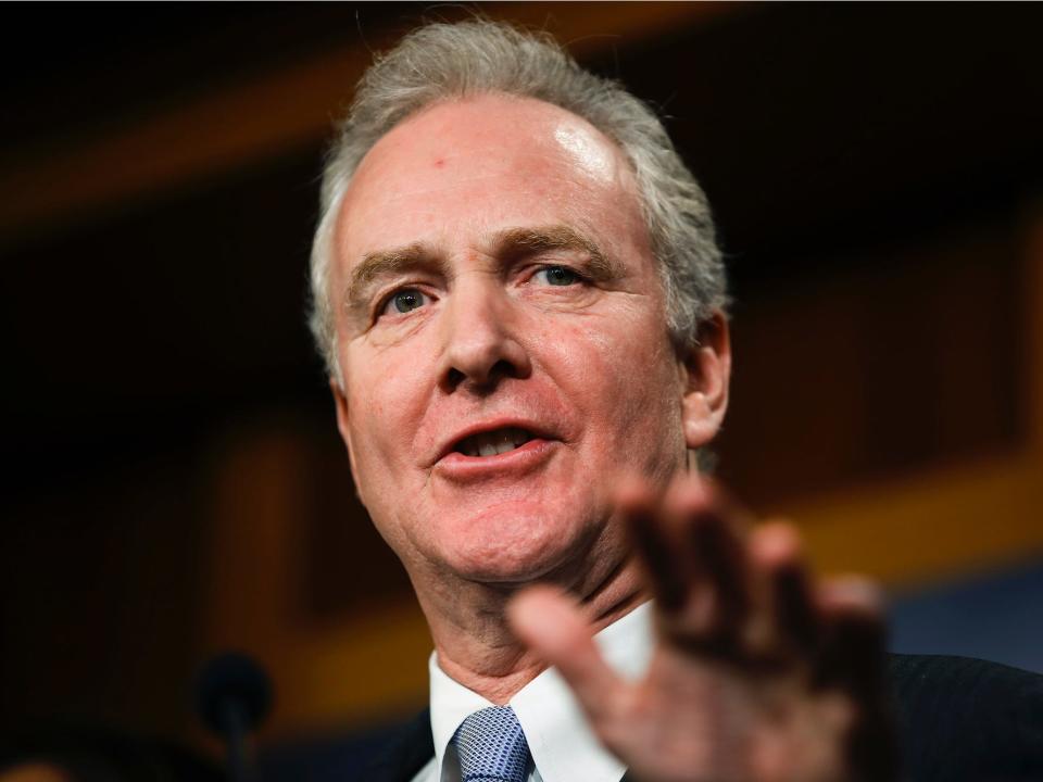 Sen. Chris Van Hollen talks to reporters about the impeachment trial of President Donald Trump on charges of abuse of power and obstruction of Congress, at the Capitol in Washington, Thursday, Jan. 16, 2020.