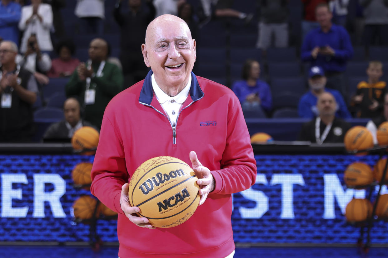 TAMPA, FL - MARCH 12: College basketball legend Dick Vitale is featuring before the SEC Tournament between the Texas A&M Aggies and the Arkansas Razorbacks on Thursday, March 11, 2022 at the Amalie Arena in Tampa, FL (Photo by Peter Joneleit/Icon Sportswire via Getty Images)