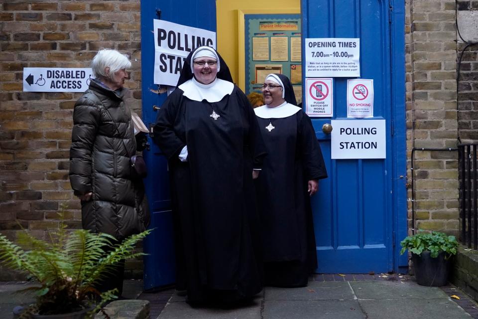 Nuns leave after voting at St John's parish hall polling station in London as Britain holds a general election on December 12, 2019 (Photo by Niklas HALLE'N / AFP) (Photo by NIKLAS HALLE'N/AFP via Getty Images)